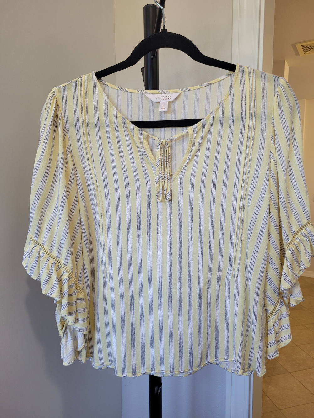 LC Lauren Conrad Yellow & Blue Striped Ruffle Sleeve Blouse